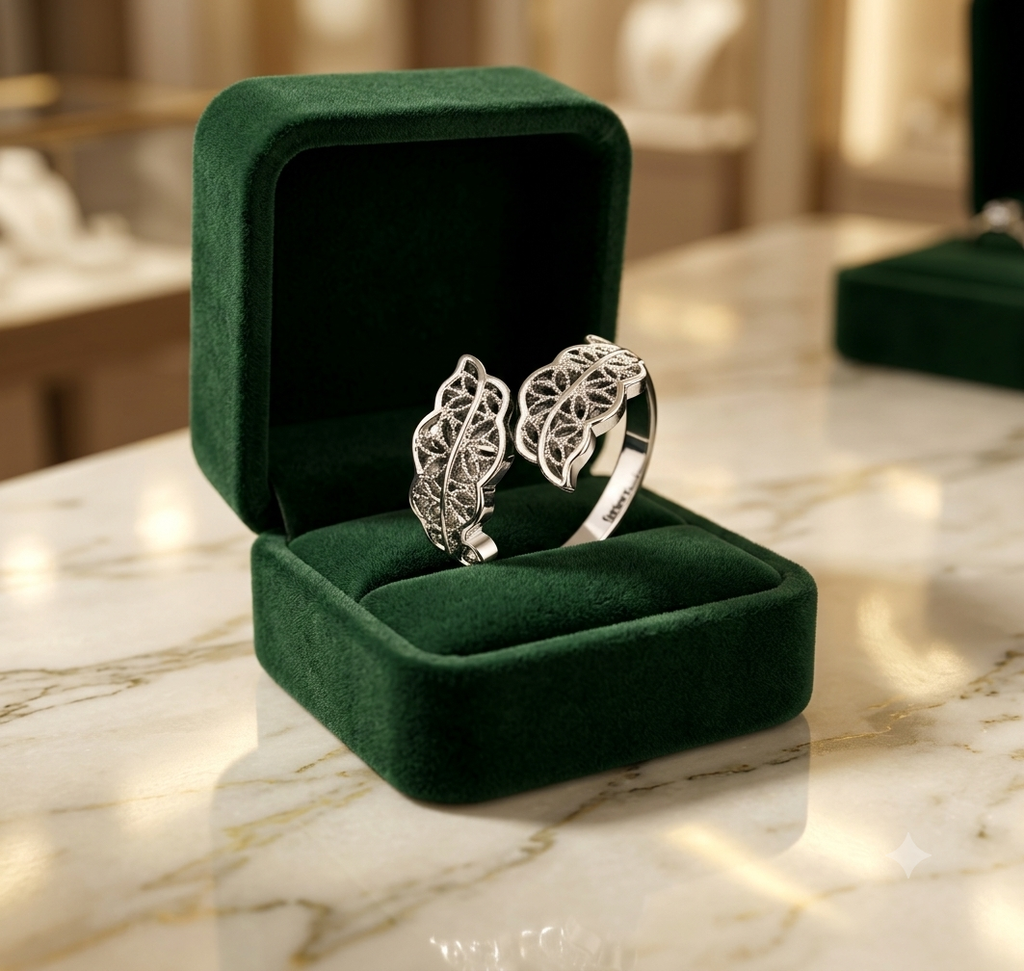 Silver leaf ring displayed in green velvet jewelry box